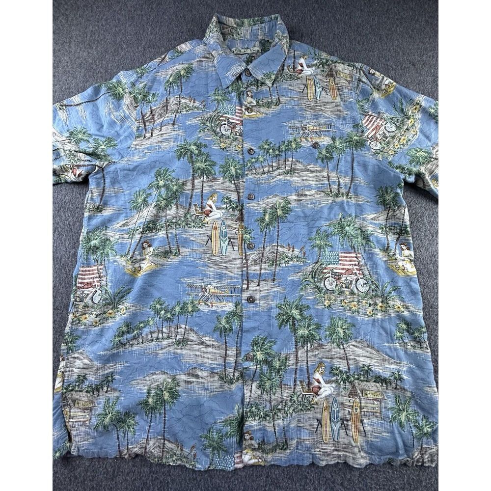 Batik Bay Shirt Men Large Blue Button Up Hawaiian Tropical Surf Boards USA Flag